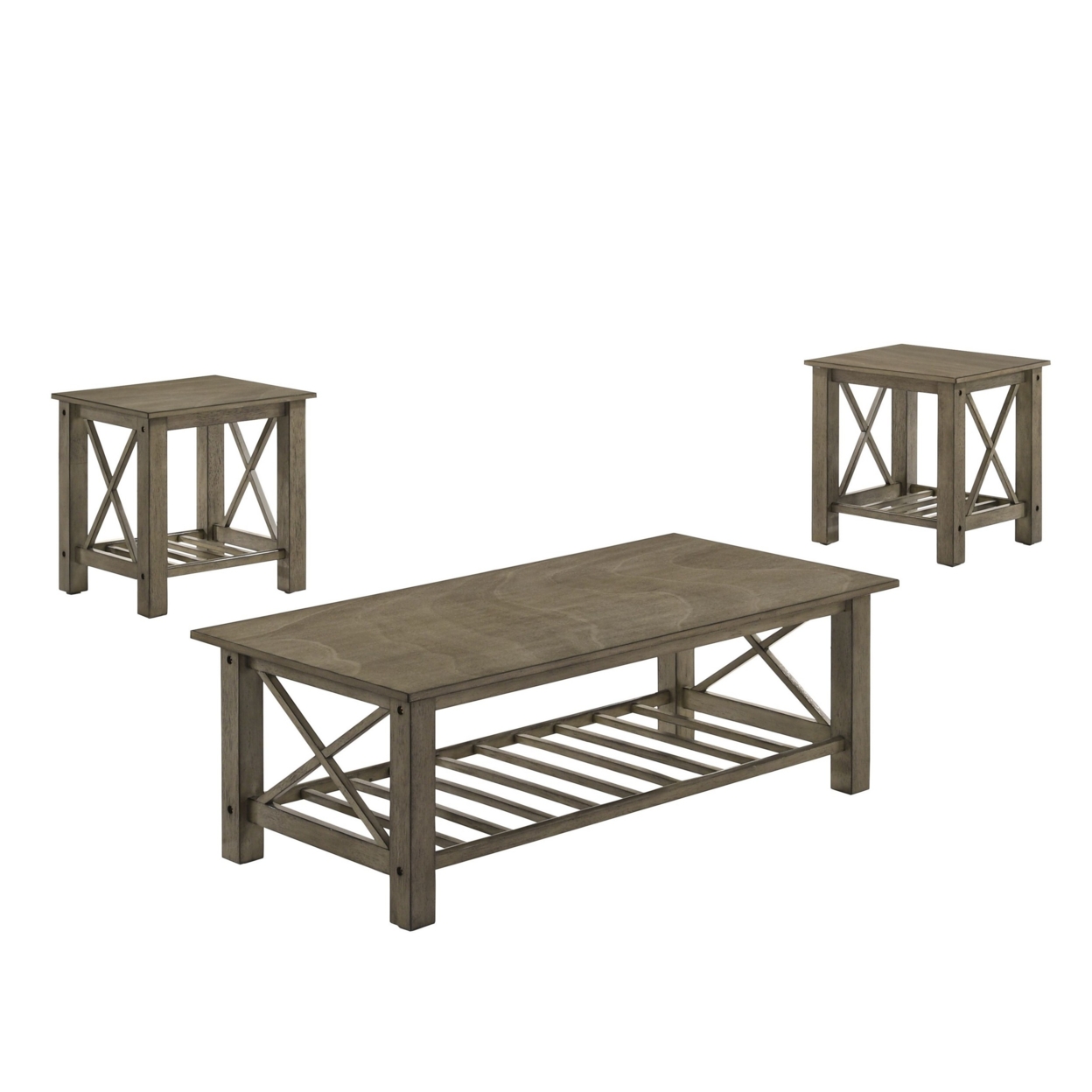 Viki 3 Piece Gray Coffee And End Table Set, Crossbar, Slatted Open Shelf- Saltoro Sherpi