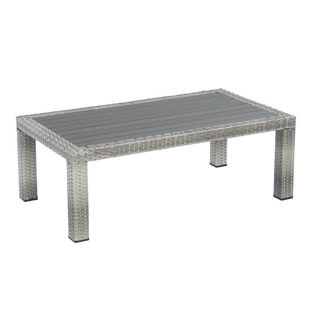 Max 46 Inch Outdoor Coffee Table, Gray Faux Wood Frame, Woven Resin Wicker- Saltoro Sherpi
