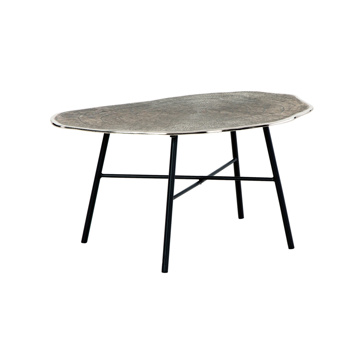 35 Inch Artisan Coffee Table, Abstract Shape Tabletop, Silver, Black- Saltoro Sherpi