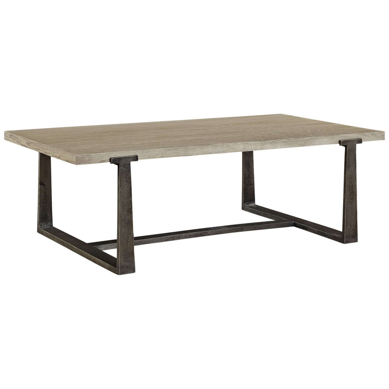 Vil 55 Inch Rectangular Coffee Table, Sand Cast Metal Base, Gray Oak Veneer- Saltoro Sherpi