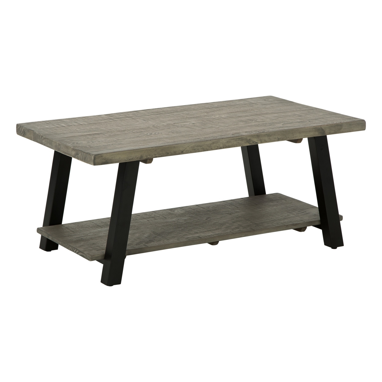 Modern 42 Inch Coffee Table, Solid Pine Wood Top, Metal Base, Muted Gray- Saltoro Sherpi