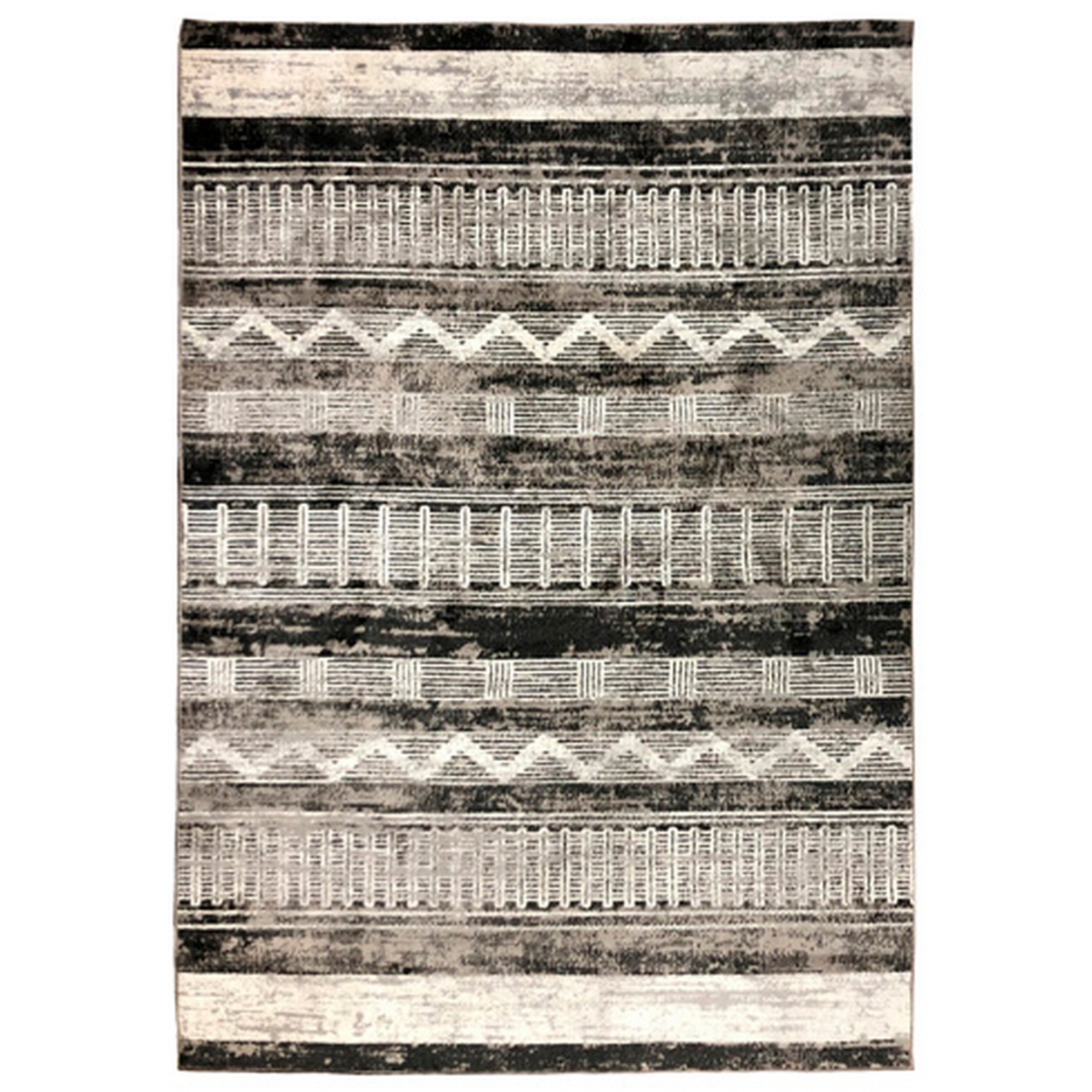 Chia 5 X 7 Area Rug, Woven Tribal Design, Cream And Black Polyester Fabric- Saltoro Sherpi
