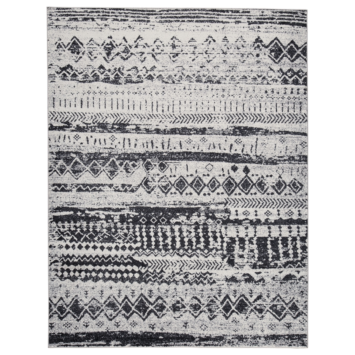 Kiza 5 X 7 Area Rug, Woven Organic Design, Black And White Polyester Fabric- Saltoro Sherpi