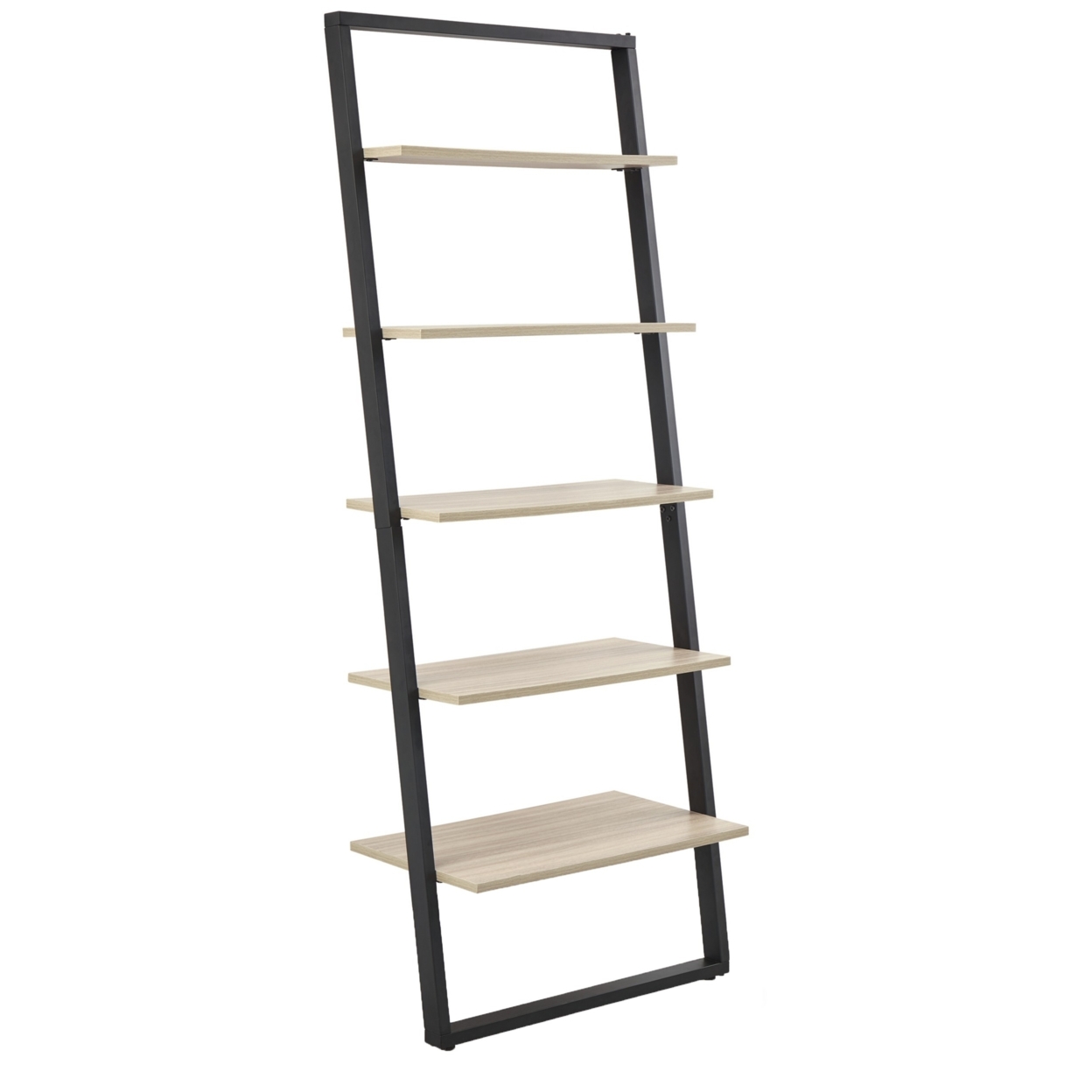 75 Inch Leaning Bookshelf, Ladder Design, 5 Gray Melamine Shelves, Black- Saltoro Sherpi