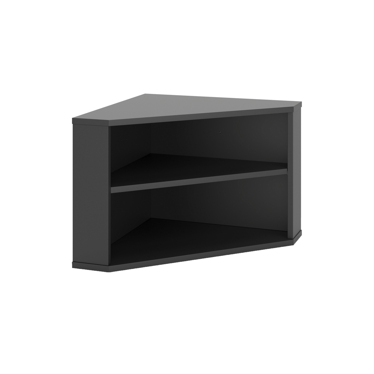 Tio 29 Inch Corner Bookcase Console With 2 Shelves, Triangle Shaped, Black- Saltoro Sherpi