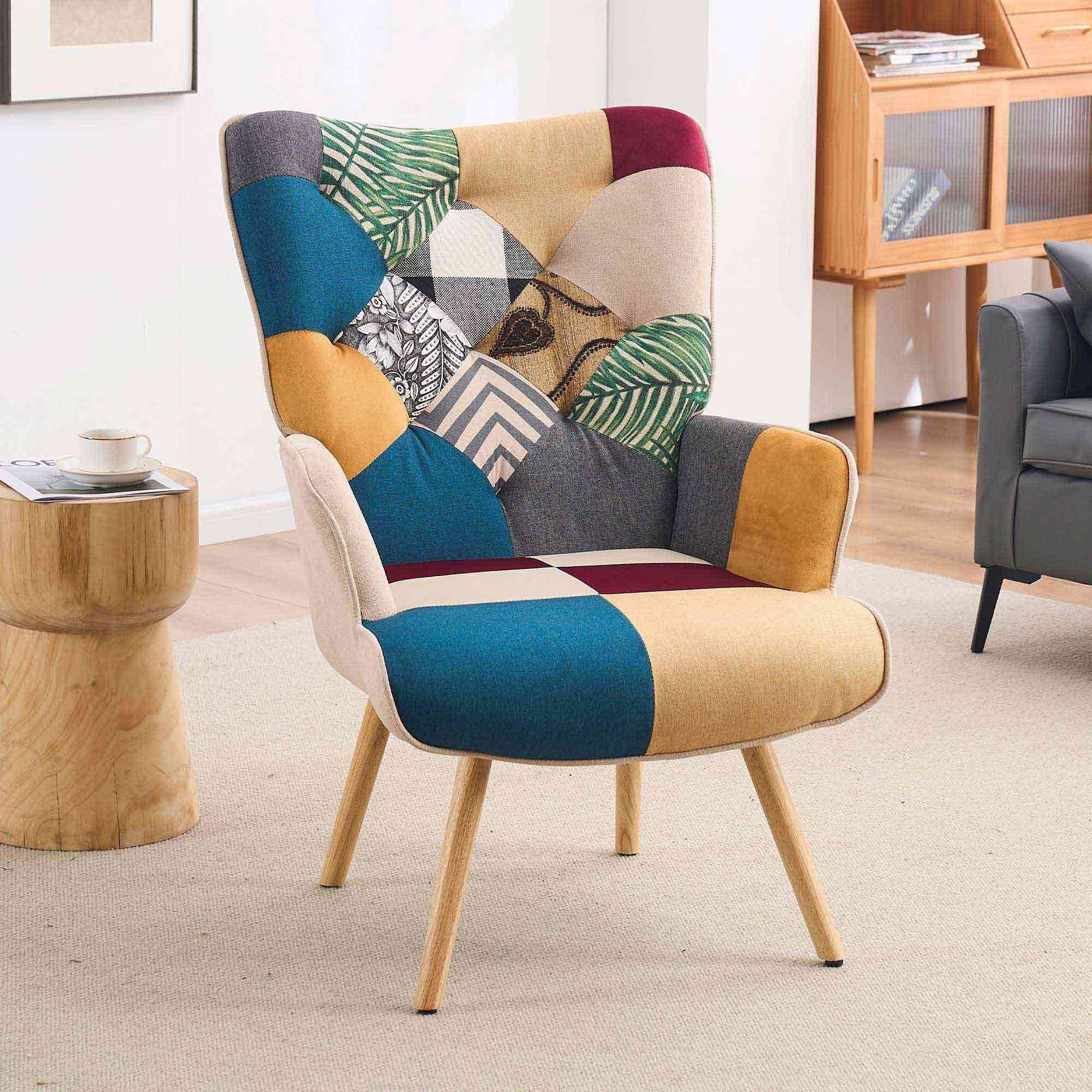 Multi-Colored Patchwork Wingback Accent Chair With Solid Wood Legs, Linen Fabric Napping Armchair For Living Room - Colorful