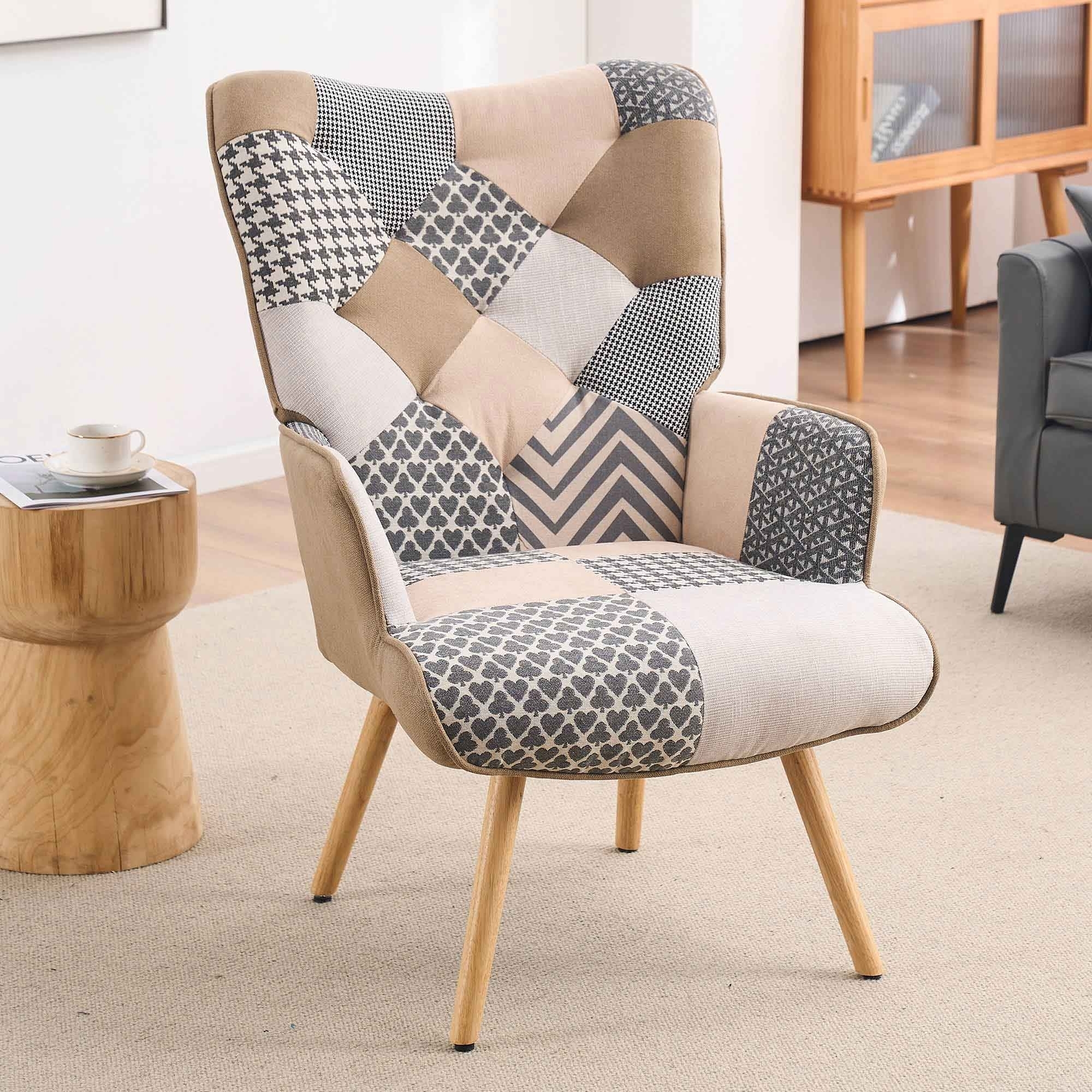 Multi-Colored Patchwork Wingback Accent Chair With Solid Wood Legs, Linen Fabric Napping Armchair For Living Room - Grey