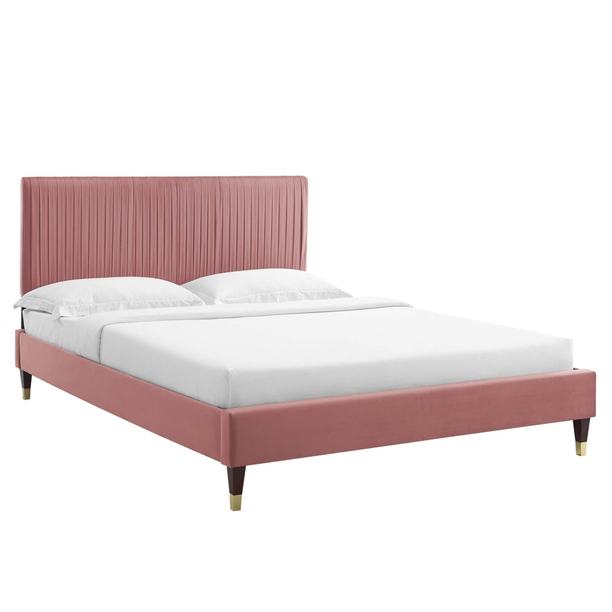 Full Platform Bed, Dusty Pink Velvet, Pleated Design Panel Headboard