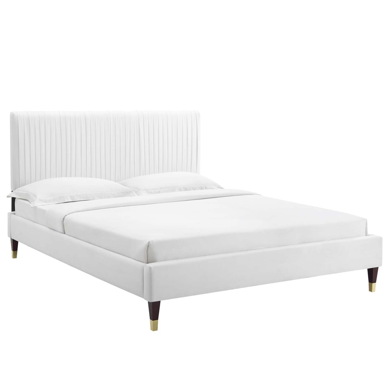 Full Platform Bed, Classic White Velvet, Pleated Design Panel Headboard