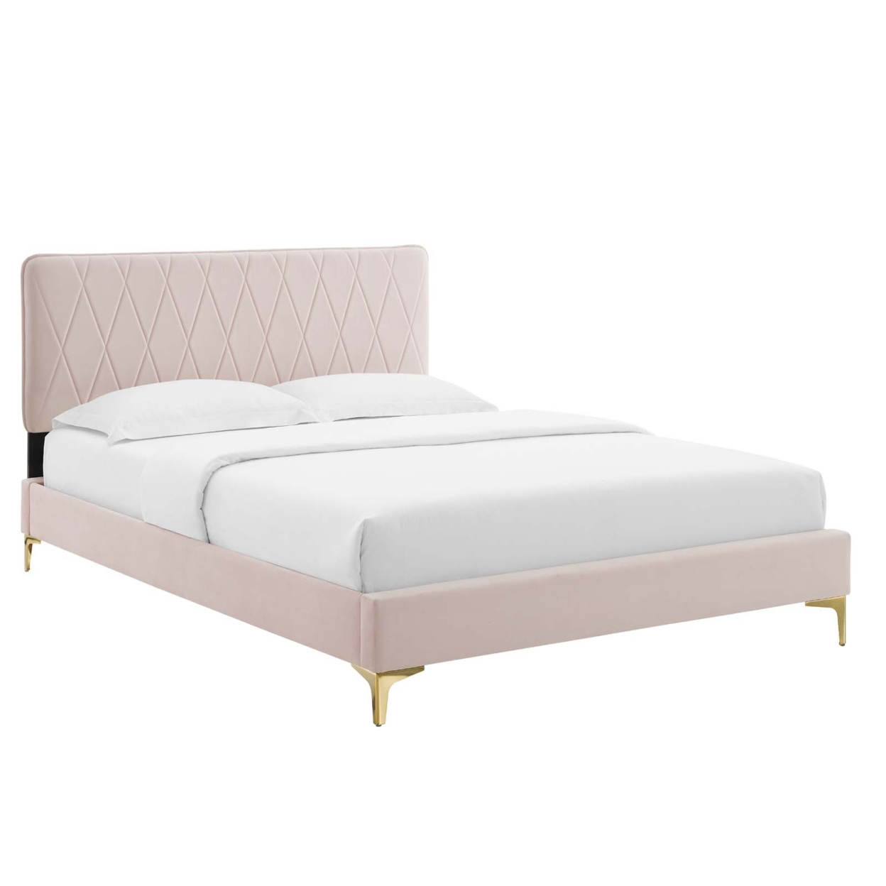 King Bed, Soft Pink Velvet, Diamond Stiched Panel Headboard