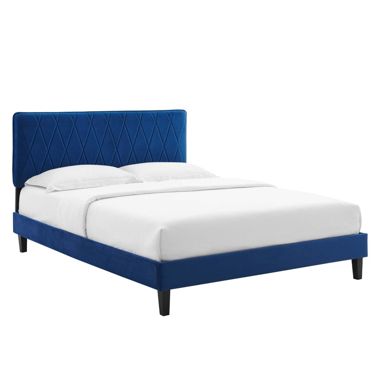 King Bed, Navy Blue Velvet, Diamond Stiching, Wood Legs