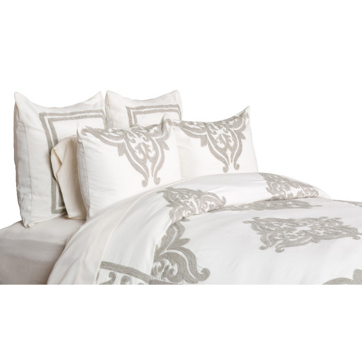 Lenz Queen Size Cotton Duvet Cover With Hand Stitched Damask Embroidery, Ivory- Saltoro Sherpi