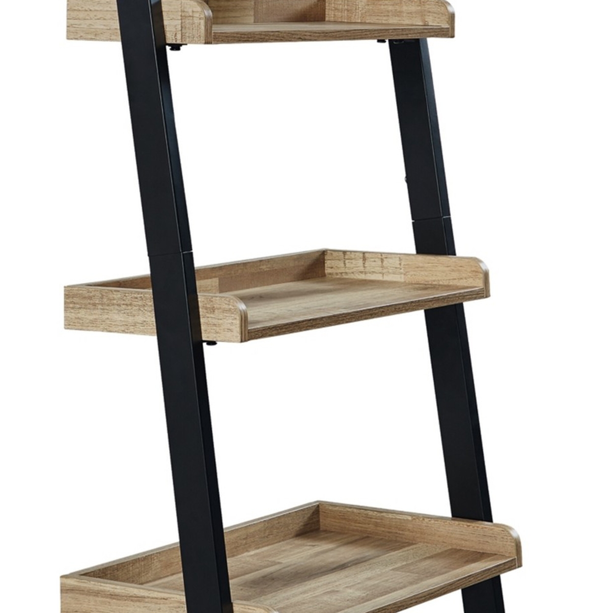 70 Inch Leaning Ladder Bookcase, Brown Wood Traylike Shelves, Black Metal- Saltoro Sherpi
