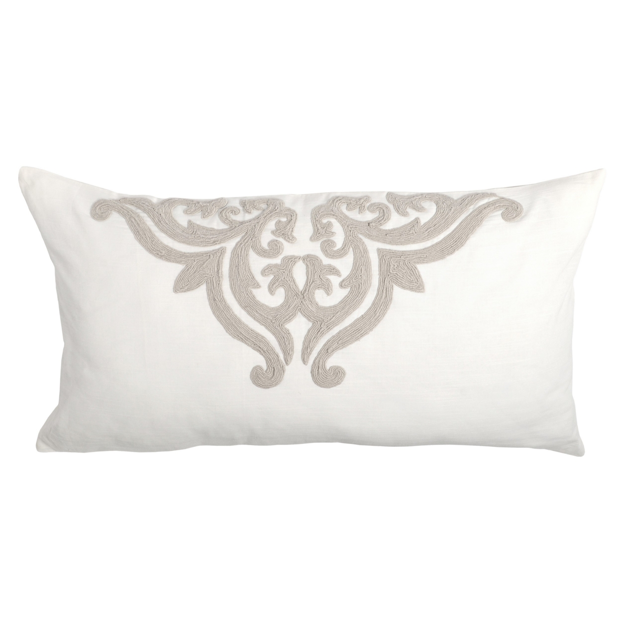 Lenz 20 X 36 Lumbar King Pillow Sham, Hand Stitched Ivory Damask Embroidery- Saltoro Sherpi