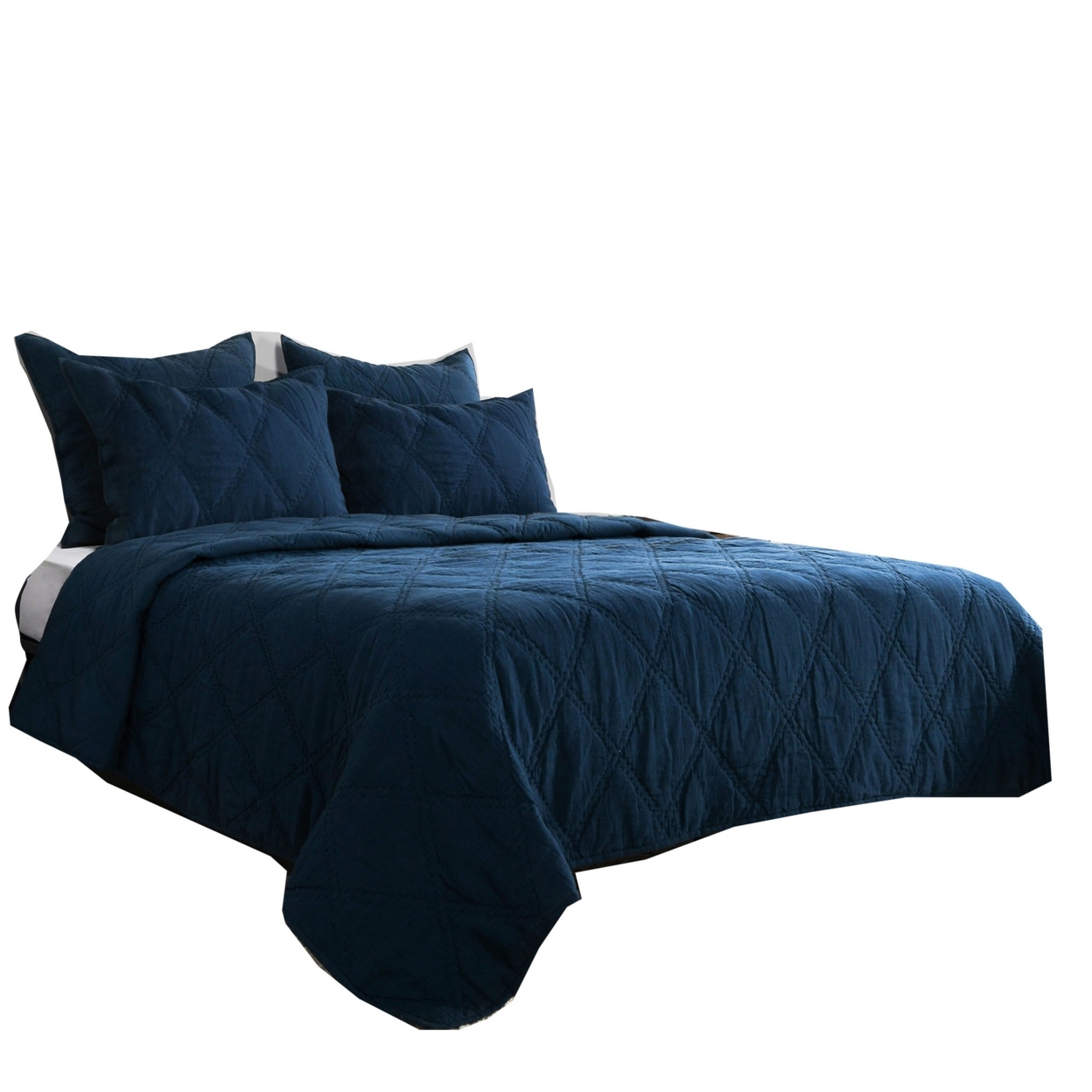 Hara Hand Quilted King Size Flax Linen Quilt With Polyester Fill, Dark Blue- Saltoro Sherpi