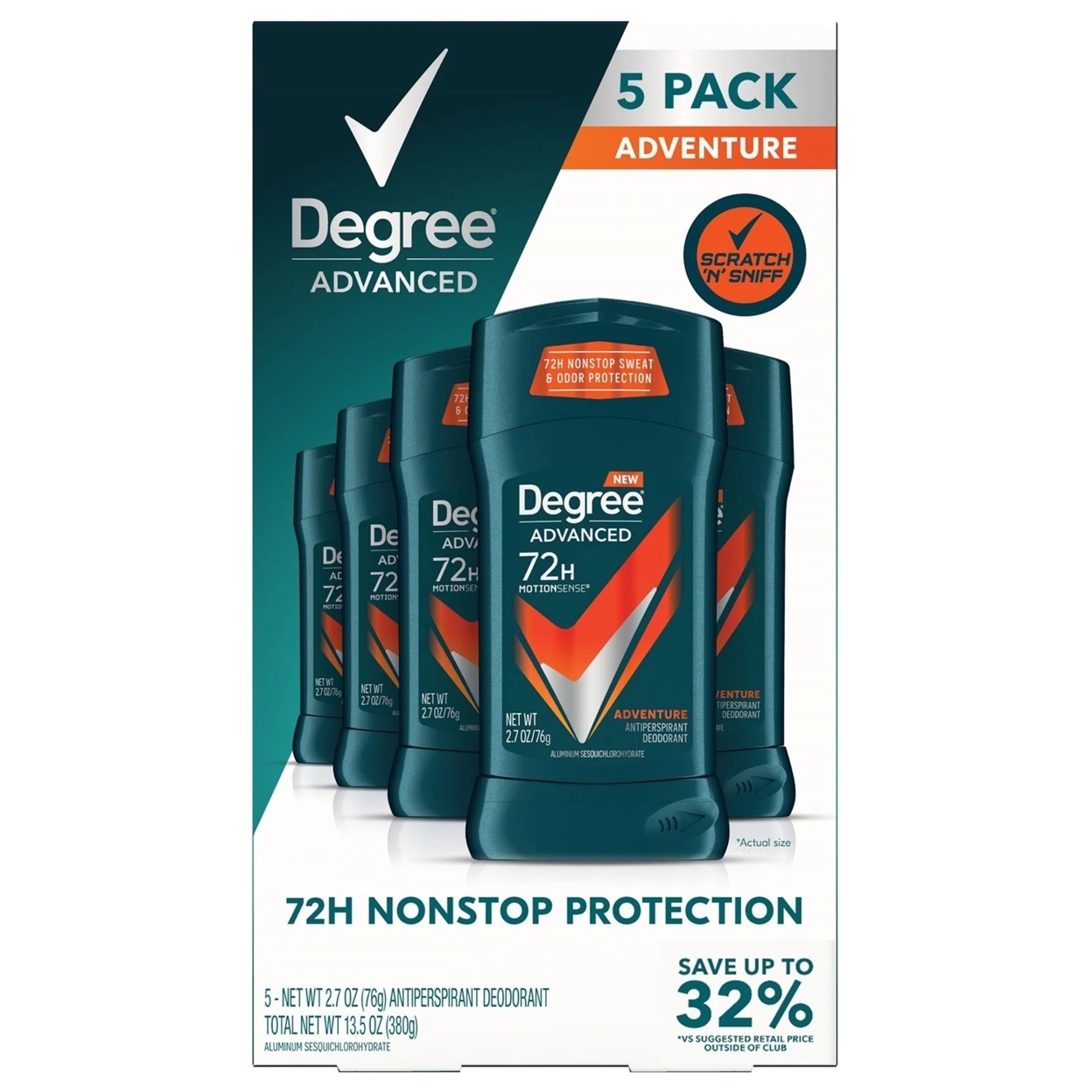 Degree For Men Advanced Protection Antiperspirant, Adventure, 2.7 Ounce (5 Pack)