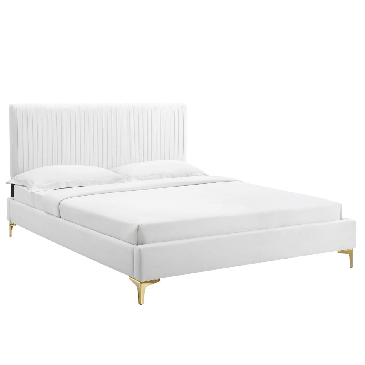 Full Bed, Classic White Velvet, Pleated Design Headboard