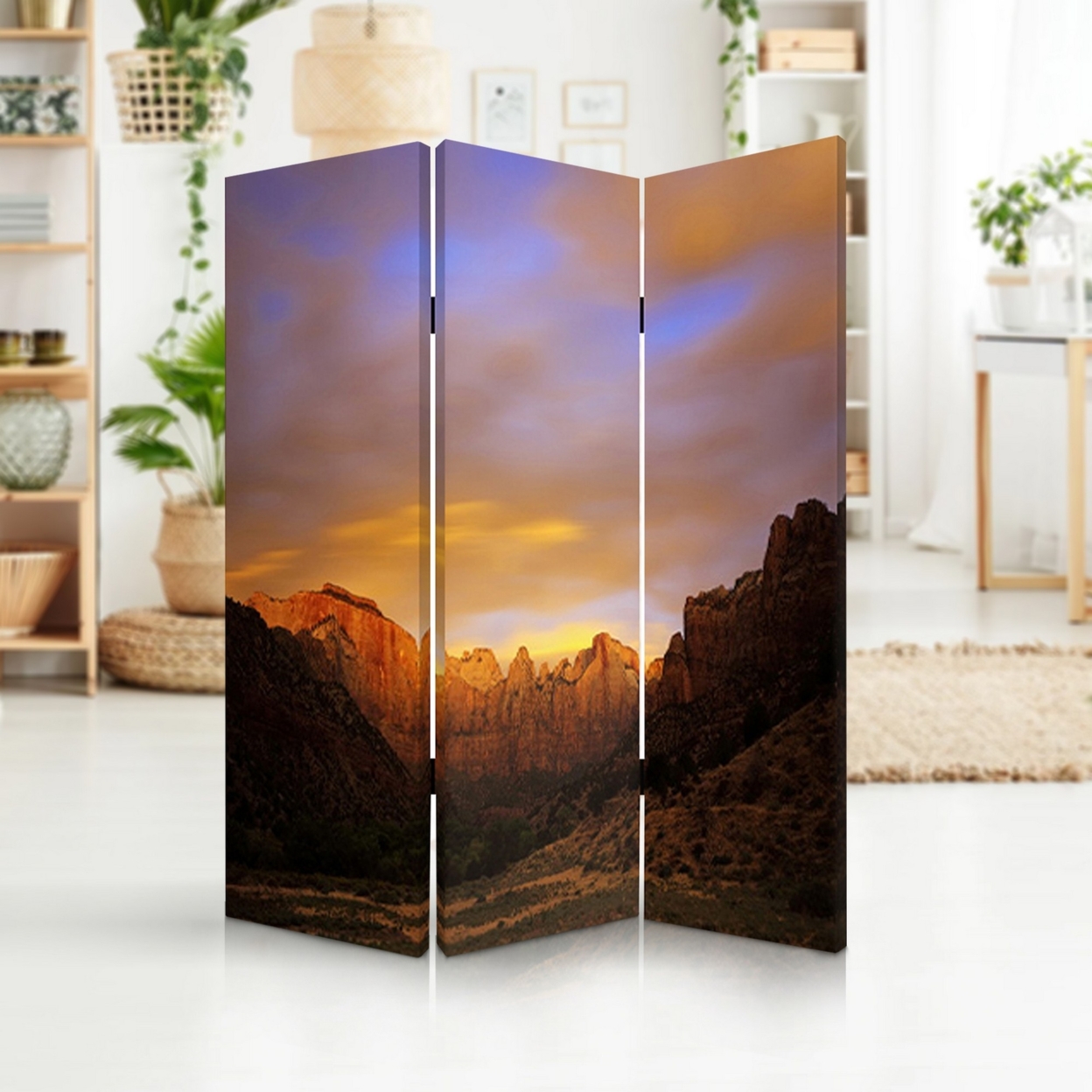 Sunset Plateau Print Foldable Canvas Screen With 3 Panels, Multicolor- Saltoro Sherpi