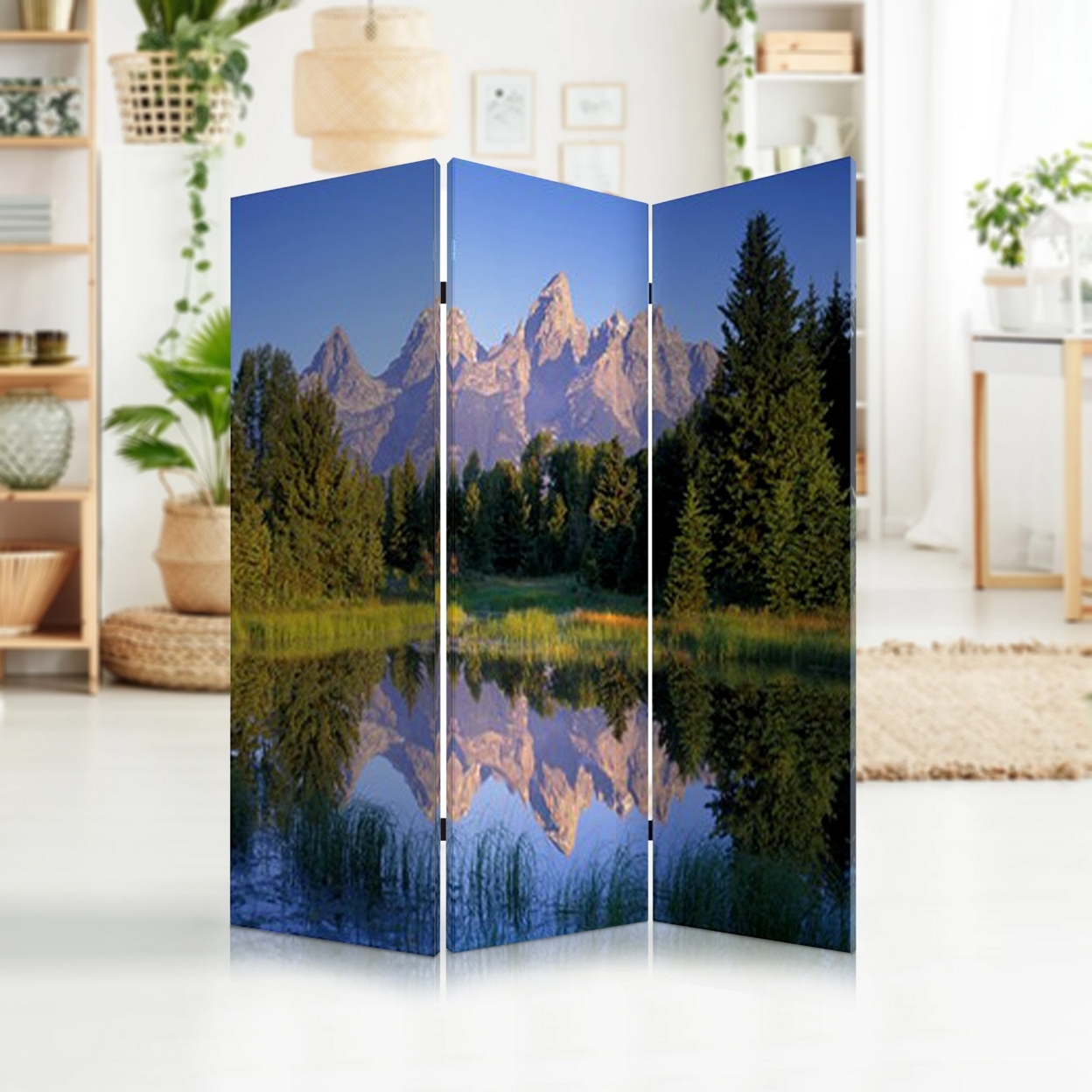 3 Panel Landscape Print Foldable Canvas Screen, Multicolor- Saltoro Sherpi