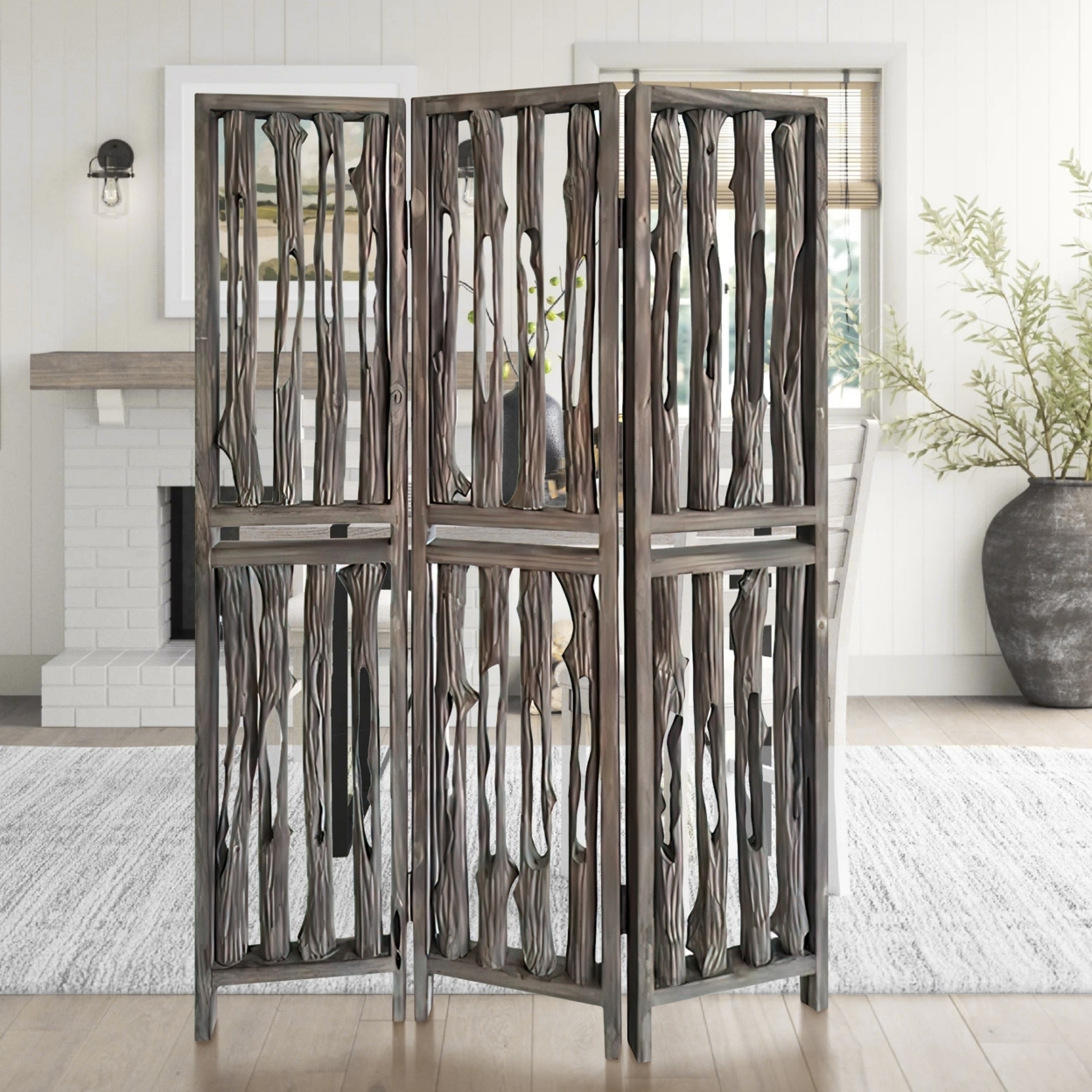 Contemporary 3 Panel Wooden Screen With Log Design, Brown- Saltoro Sherpi