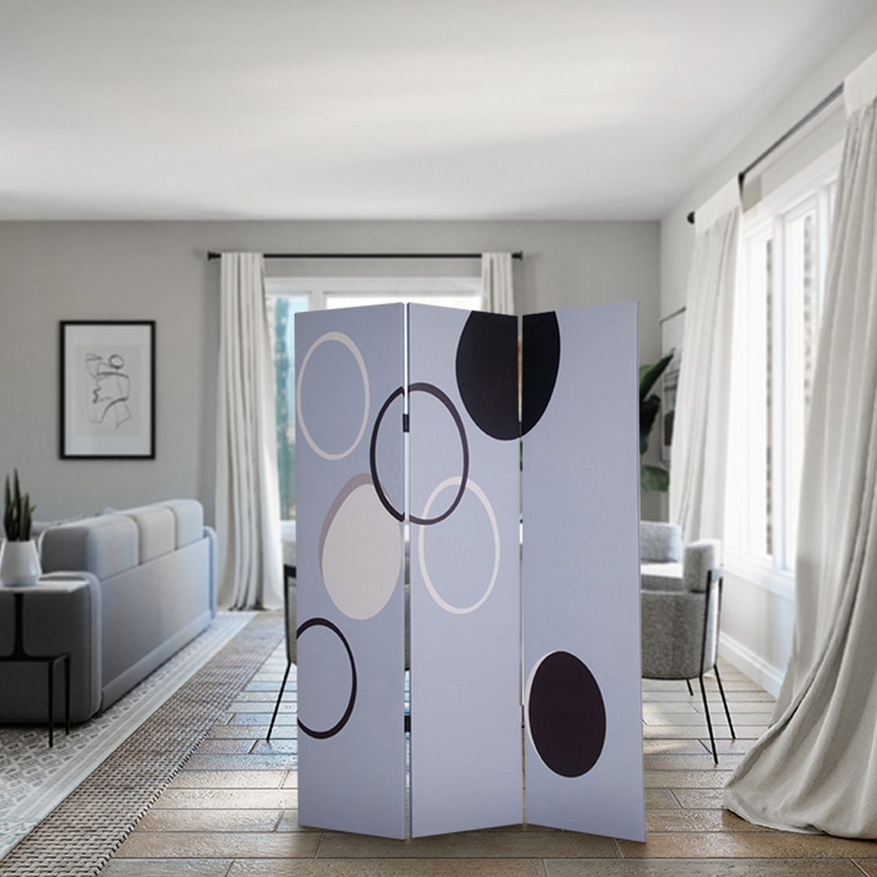 3 Panel Room Divider With Overlapping Circles Pattern, Black And Gray- Saltoro Sherpi