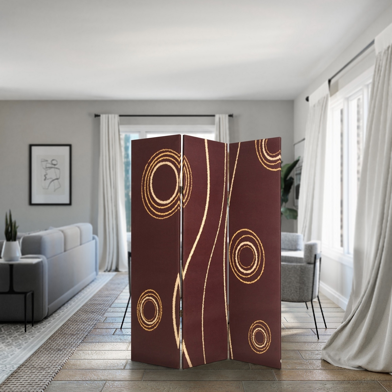 3 Panel Foldable Canvas Room Divider With Circle Design, Brown And Yellow- Saltoro Sherpi