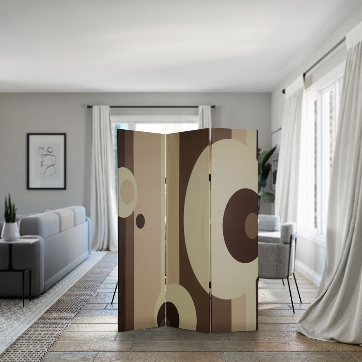 Canvas Print 3 Panel Room Divider With Circle Design, Beige And Brown- Saltoro Sherpi