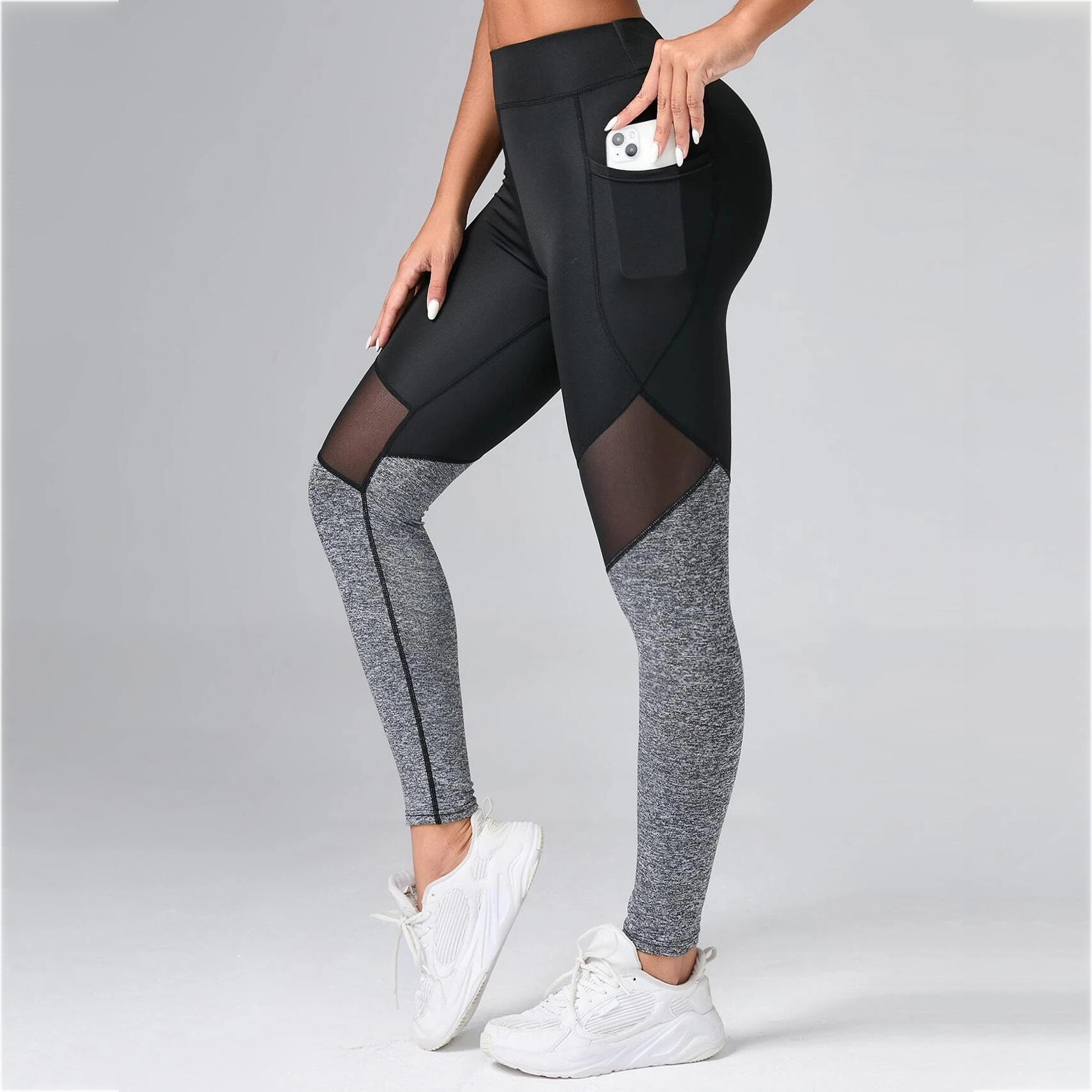 Contrast Color Panel Yoga Leggings Mesh Insert Gym Tights With Phone Pocket - S