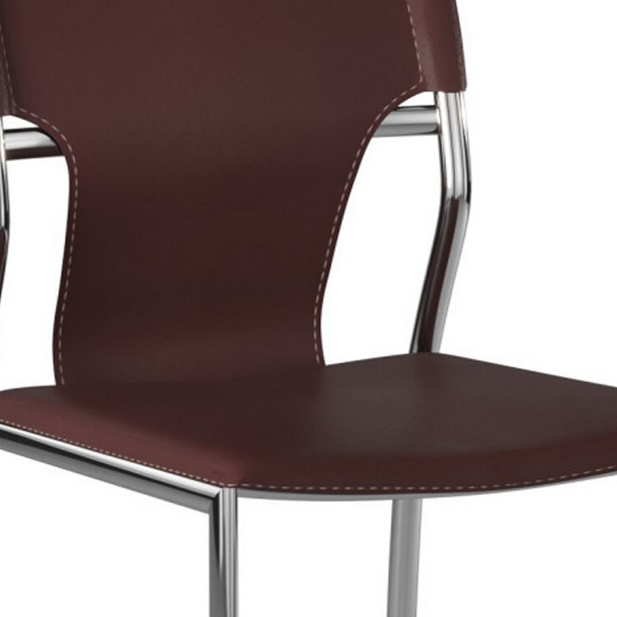 Jeb 18 Inch Modern Side Chair, Chrome Finished Base, Genuine Leather, Brown- Saltoro Sherpi