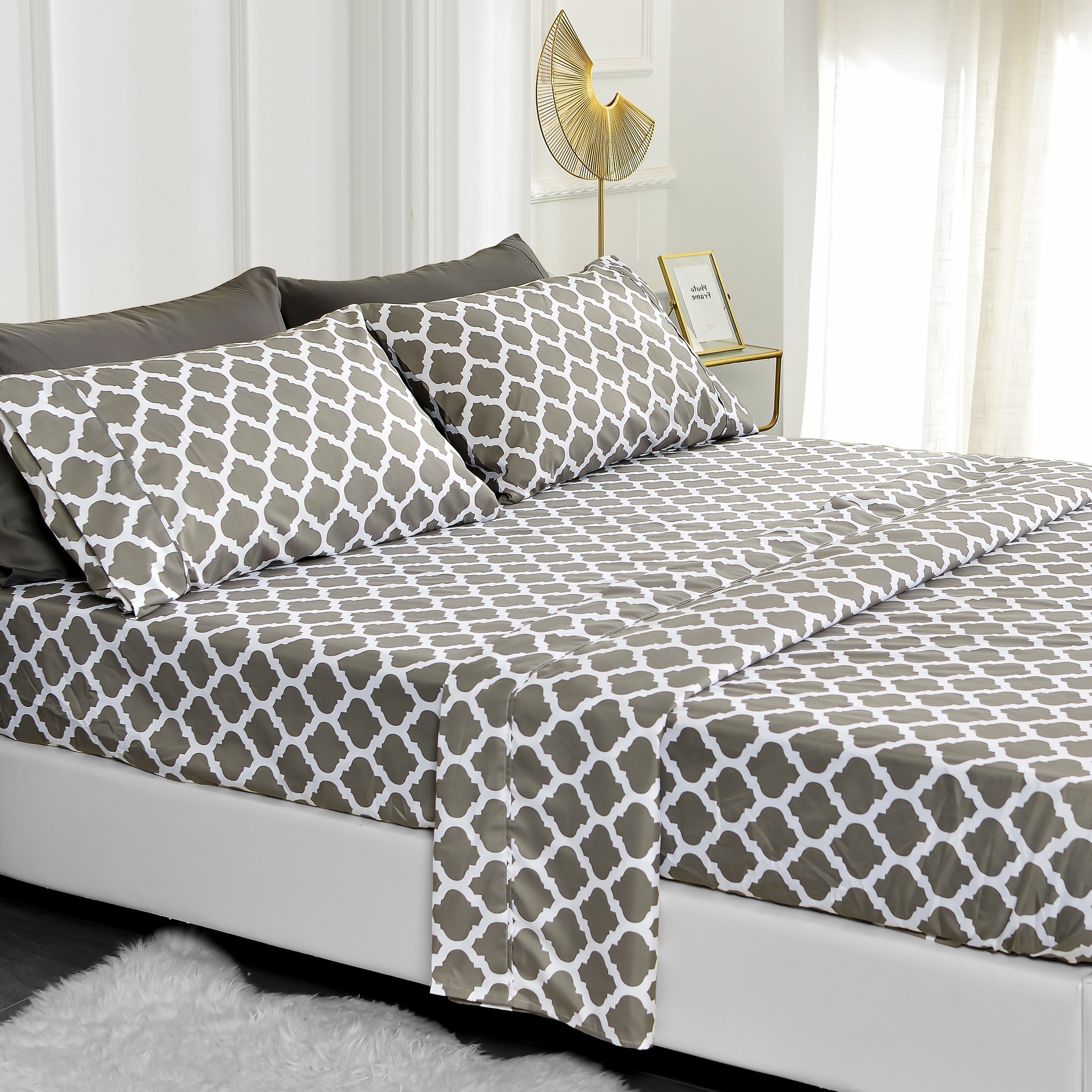 American Home Collection Ultra Soft 4-6 Piece Gray Quatrefoil Printed Bed Sheet Set - Full