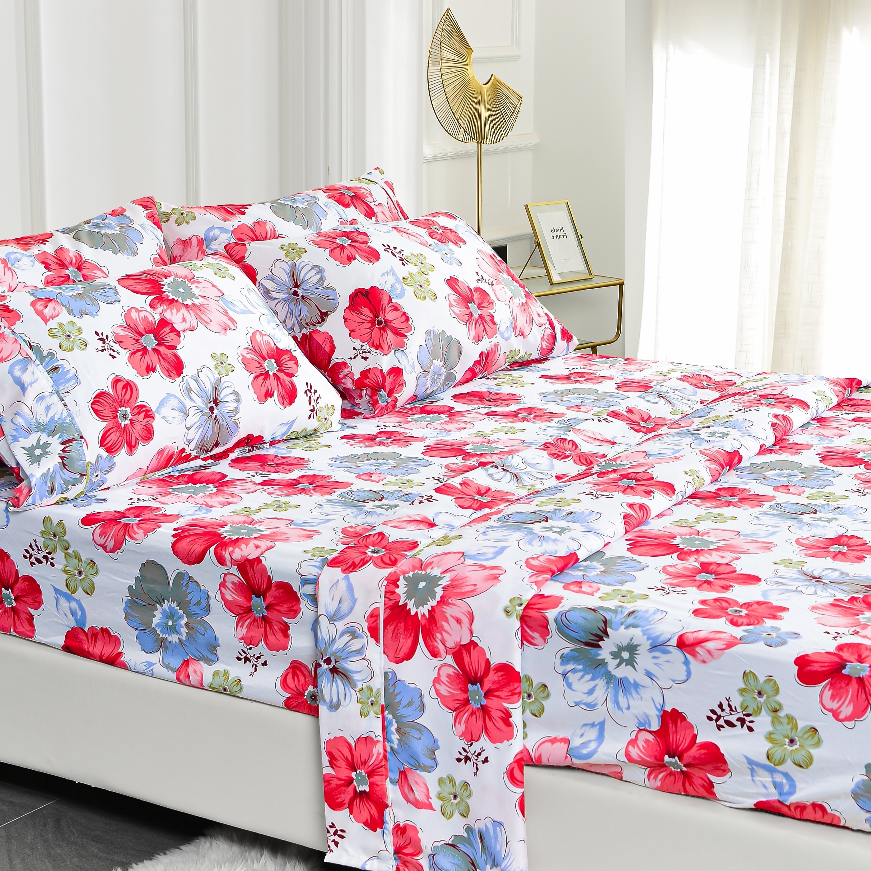 American Home Collection Ultra Soft 4-6 Piece Red Floral Printed Bed Sheet Set - Twin