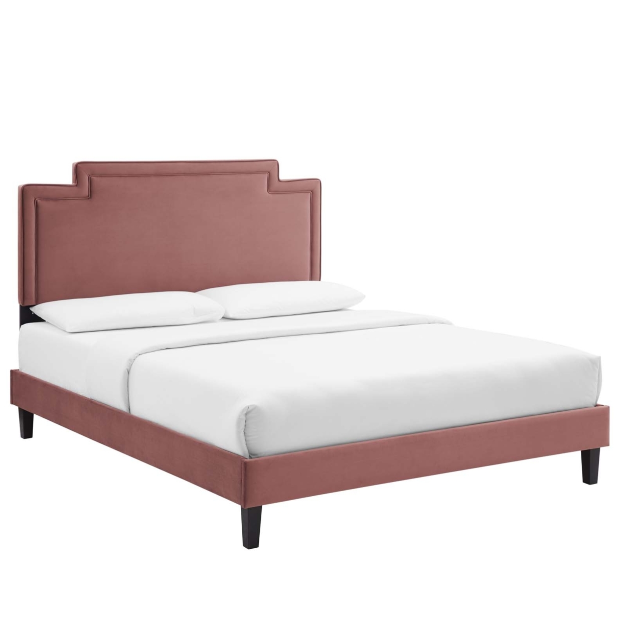 Twin Bed, Brown Wood Legs, Dusty Pink Velvet