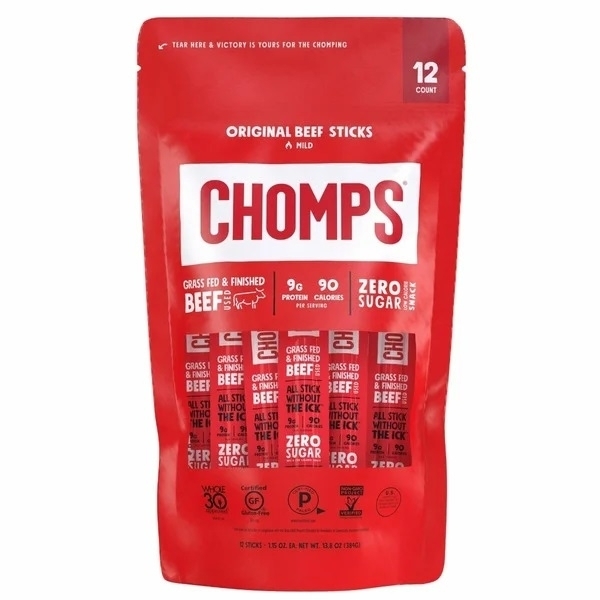 Chomps Original Grass Fed Beef Sticks, Mild, 1.15 Ounce (Pack Of 12)