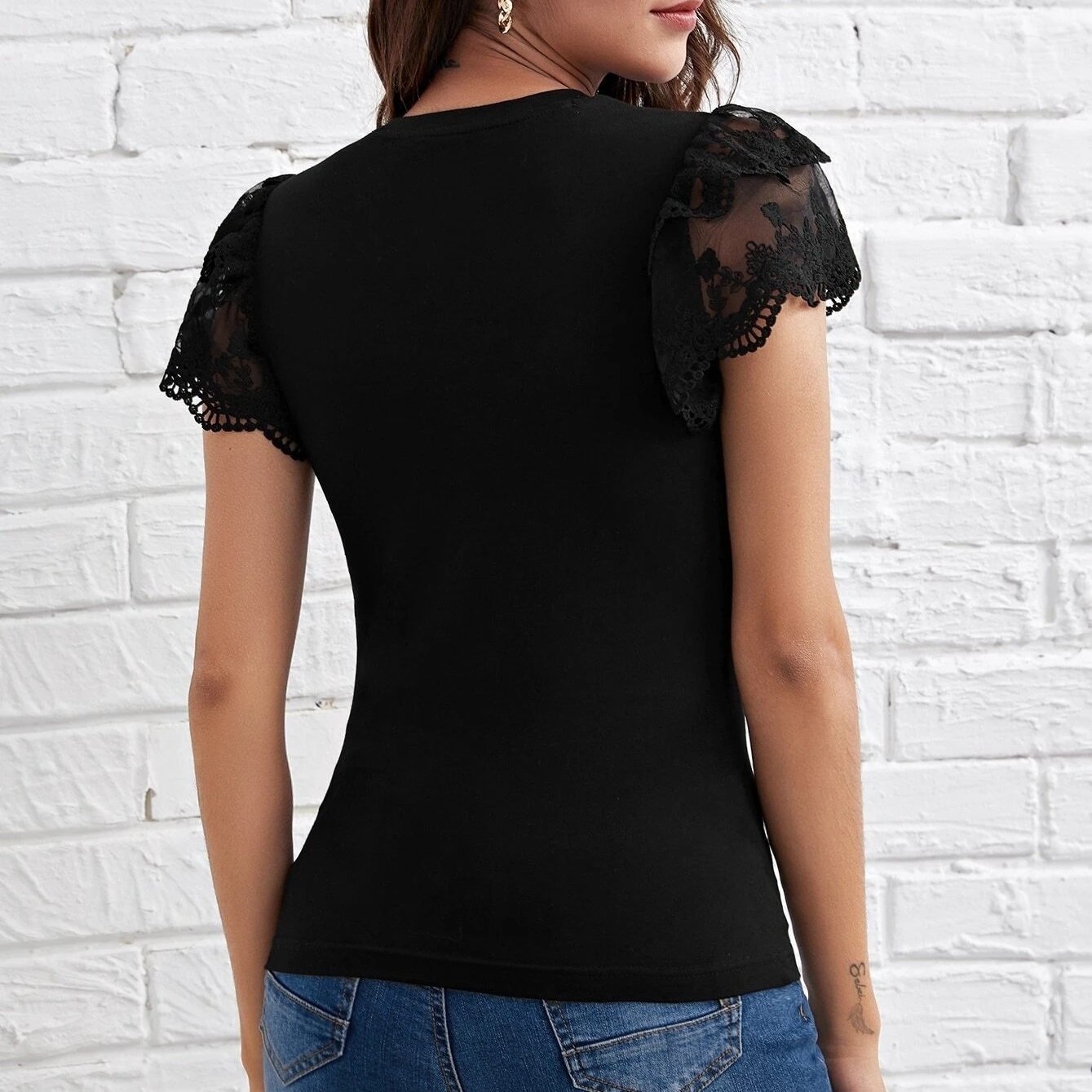 Embroidery Mesh Butterfly Sleeve Form Fitted Top - Black, L