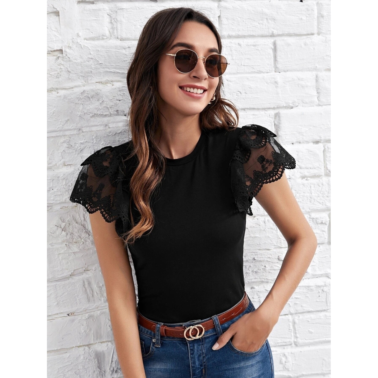 Embroidery Mesh Butterfly Sleeve Form Fitted Top - Black, M