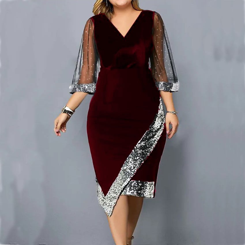 Irregular Sequin Perspective Mesh Women's Dress - Red, XXX-Large