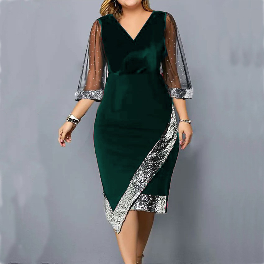 Irregular Sequin Perspective Mesh Women's Dress - Green, XXX-Large