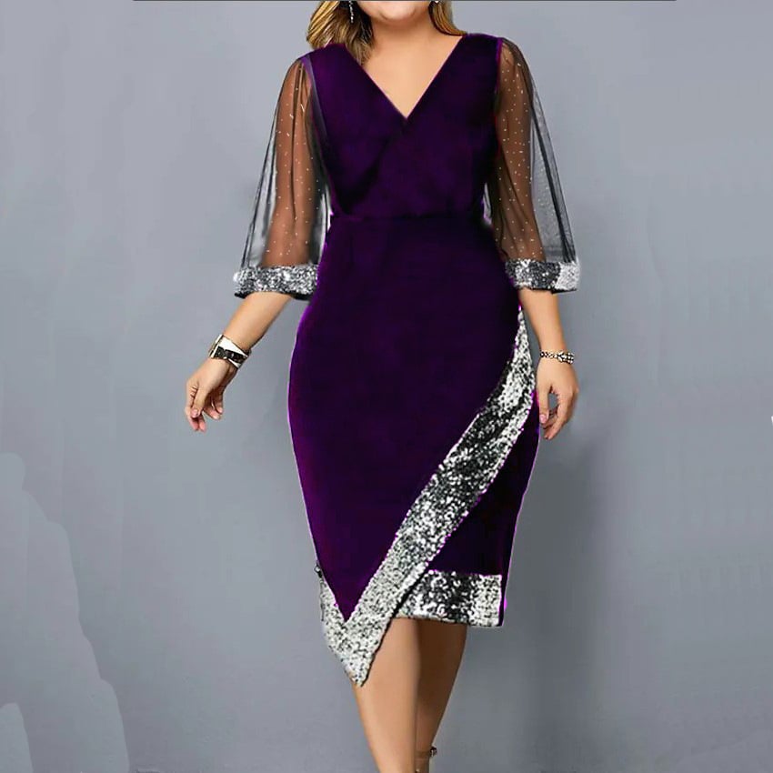 Irregular Sequin Perspective Mesh Women's Dress - Purple, Large