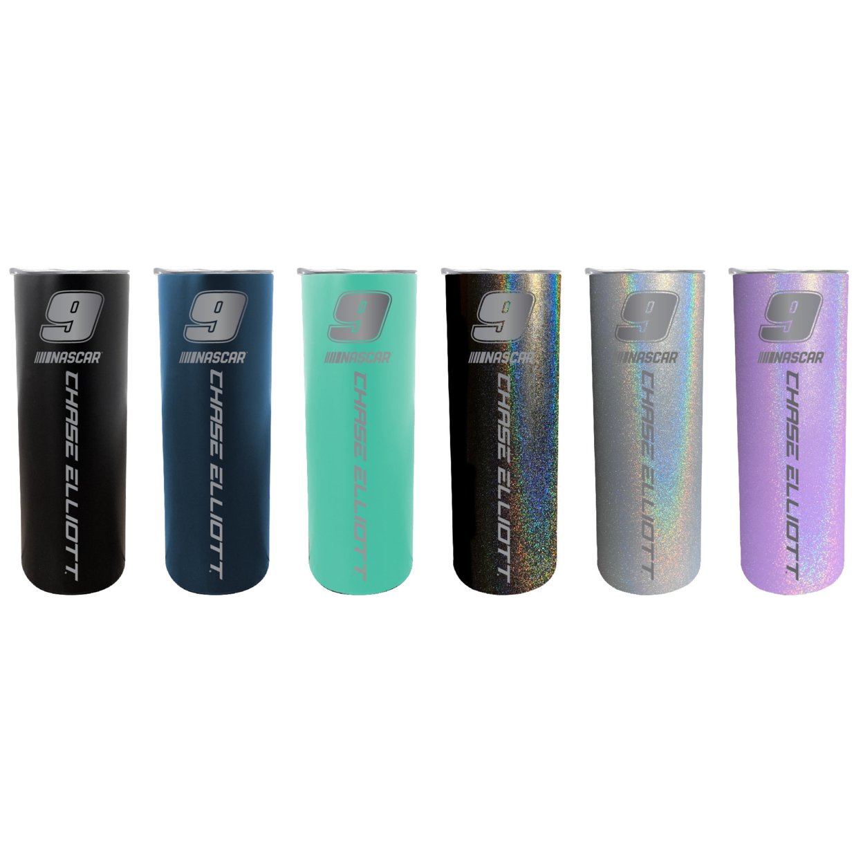 NASCAR #9 Chase Elliot 20 Oz Insulated Stainless Steel Skinny Tumbler - Rainbow Glitter Black