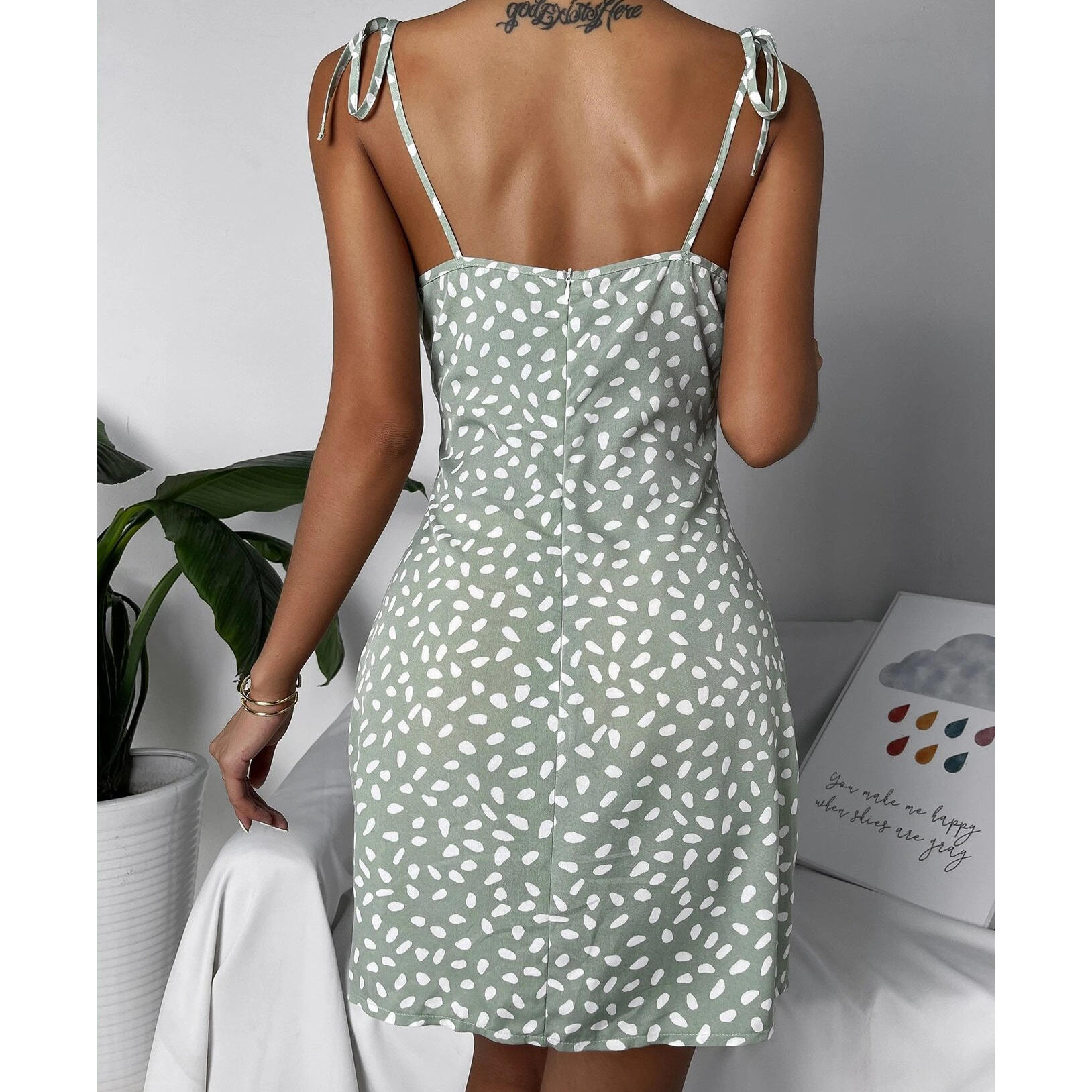 Allover Print Tie Shoulder Split Hem Bustier Cami Dress - Black And White, L