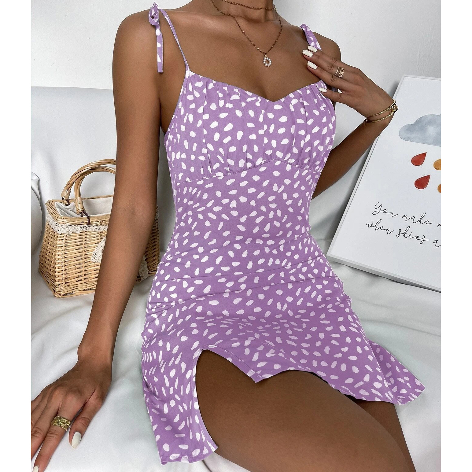 Allover Print Tie Shoulder Split Hem Bustier Cami Dress - Lilac Purple, L