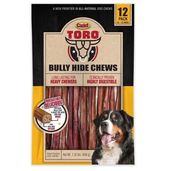 Cadet Toro Bully Hide Sticks All-Natural Dog Chews, 9-12 (Pack Of 12)