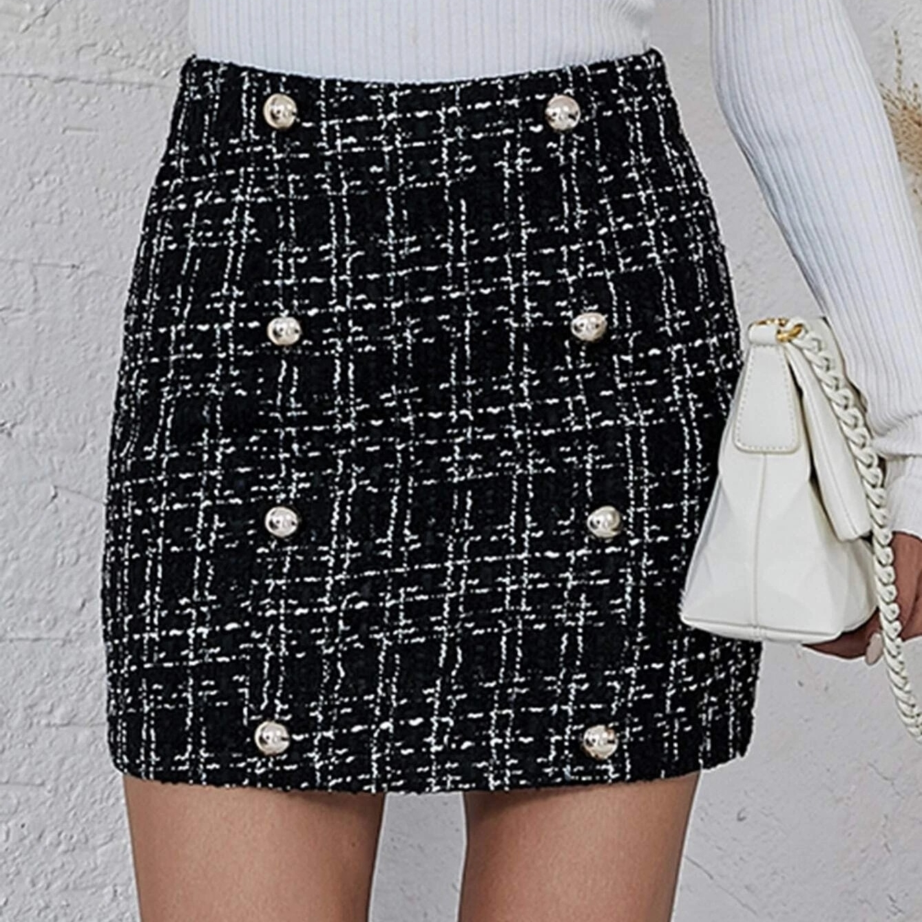 Plaid Pattern Zipper Back Tweed Straight Skirt - L