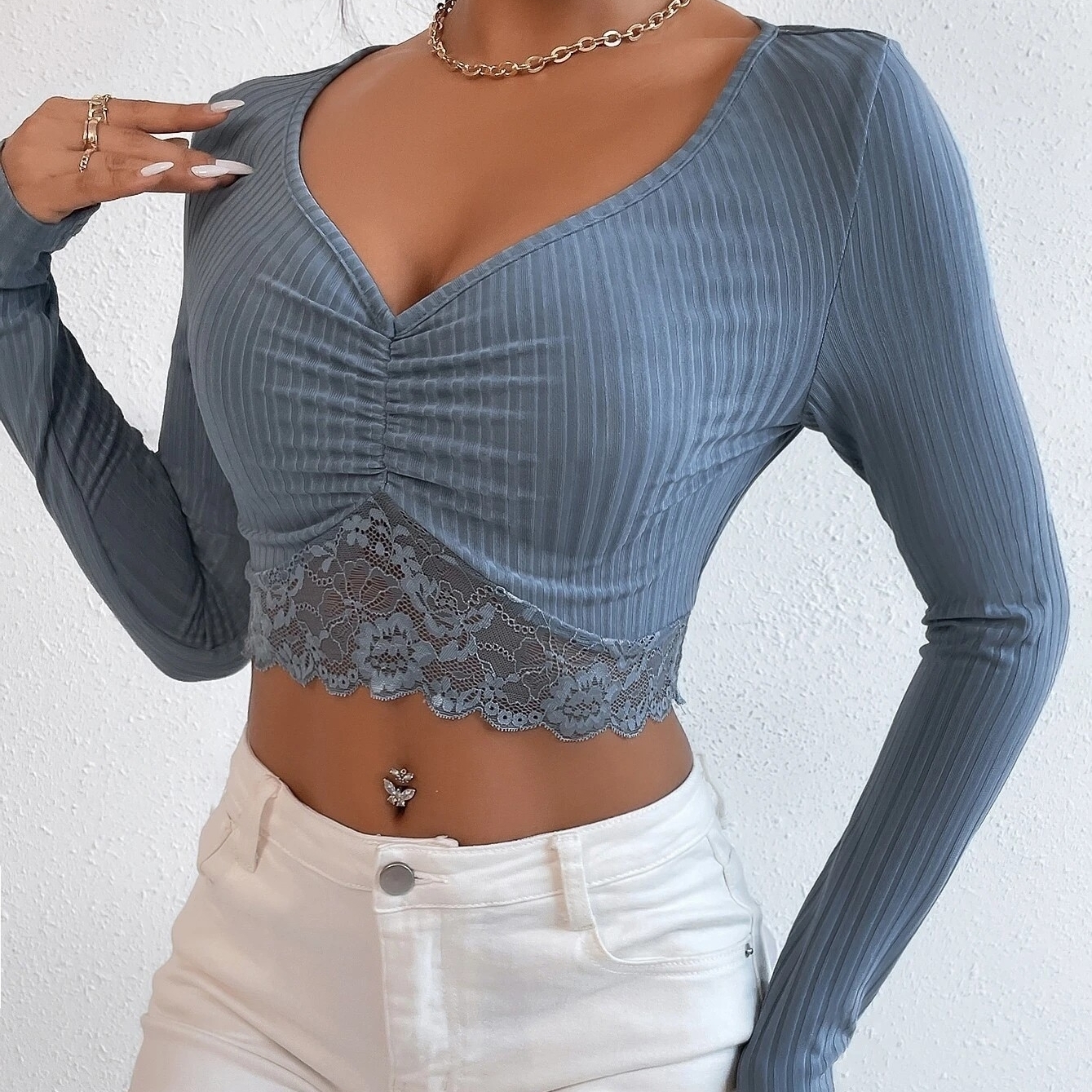 Contrast Lace Ruched Crop Tee - Dusty Blue, M(6)