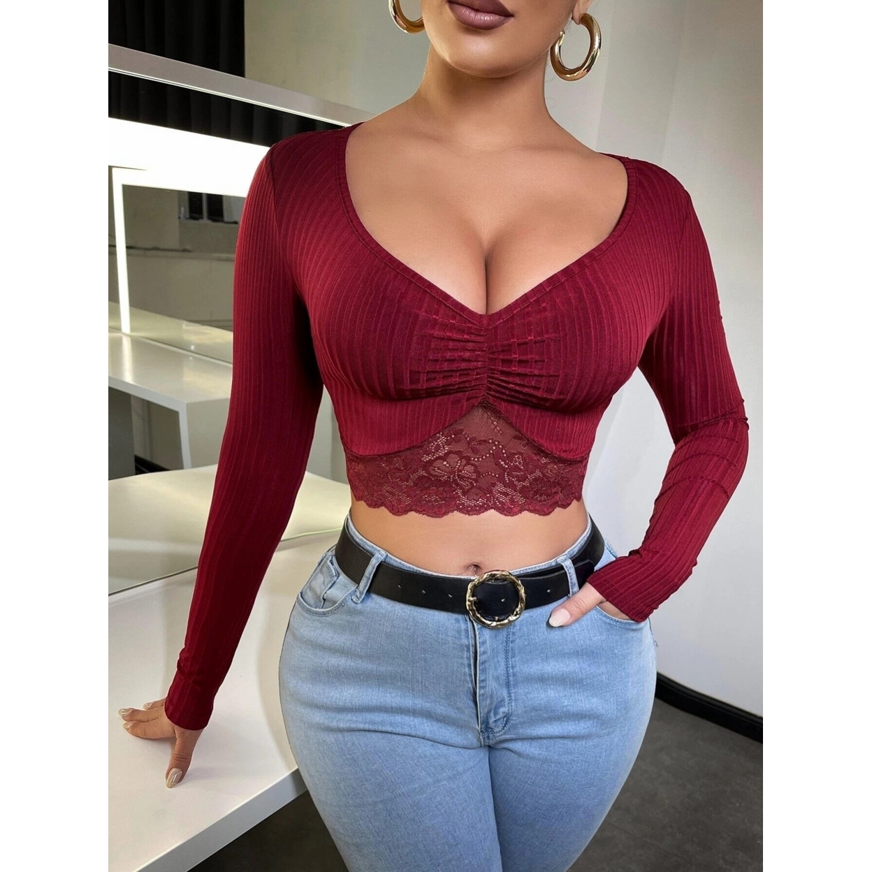 Contrast Lace Ruched Crop Tee - Burgundy, M(6)