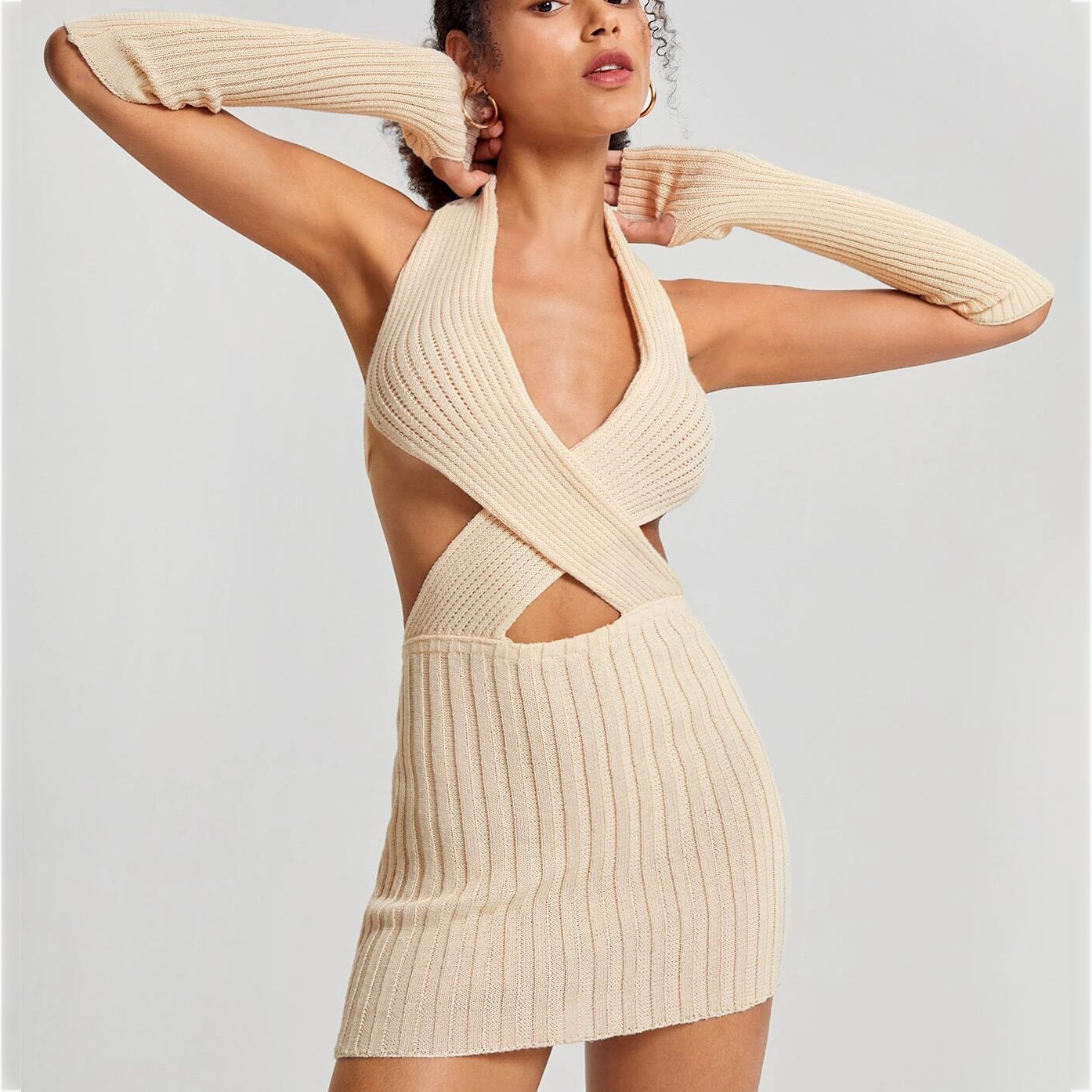 Crisscross Halter Neck Backless Ribbed Knit Bodycon Sweater Dress With Arm Sleeves - M