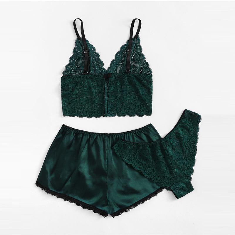 Floral Lace Lingerie Set With Satin Shorts Set Three Piece - Green, L