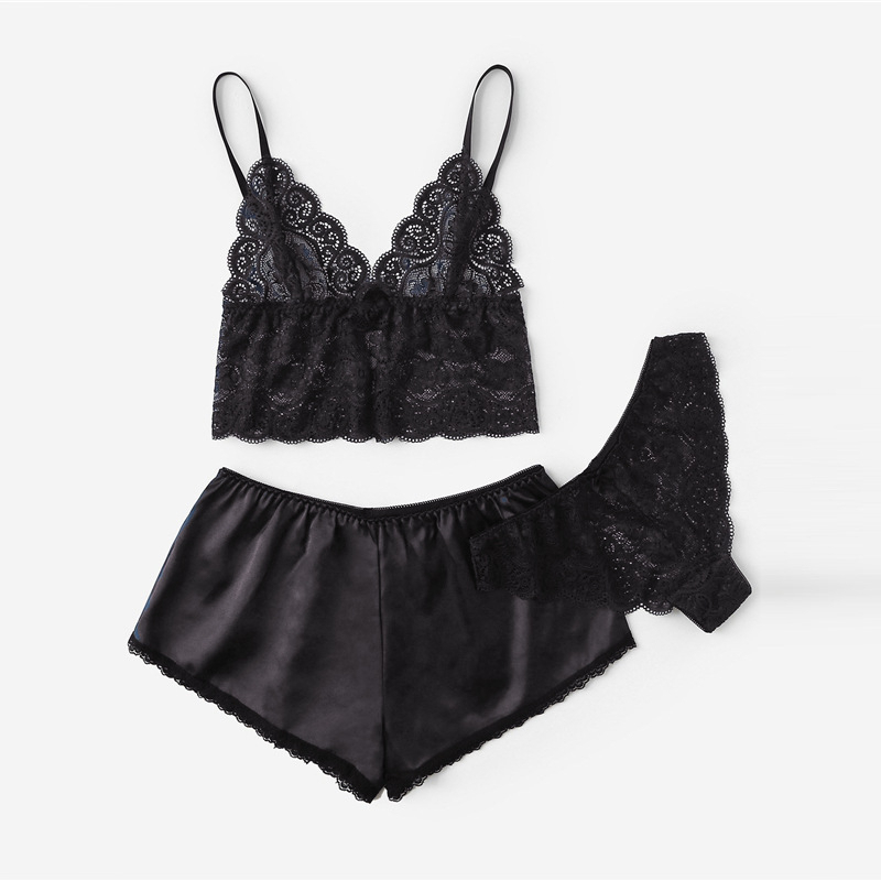 Floral Lace Lingerie Set With Satin Shorts Set Three Piece - Black, M