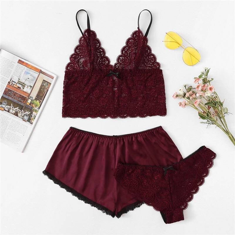 Floral Lace Lingerie Set With Satin Shorts Set Three Piece - Red, S