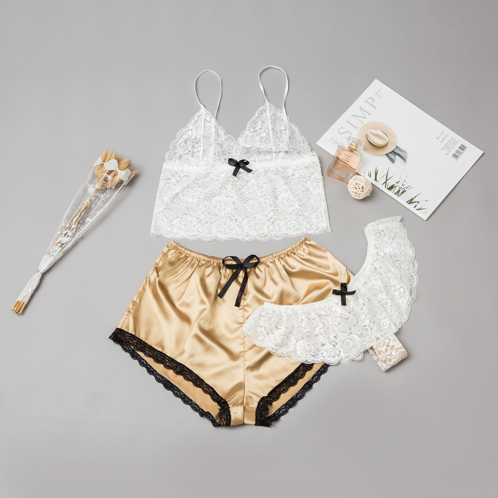 Floral Lace Lingerie Set With Satin Shorts Set Three Piece - Yellow, L